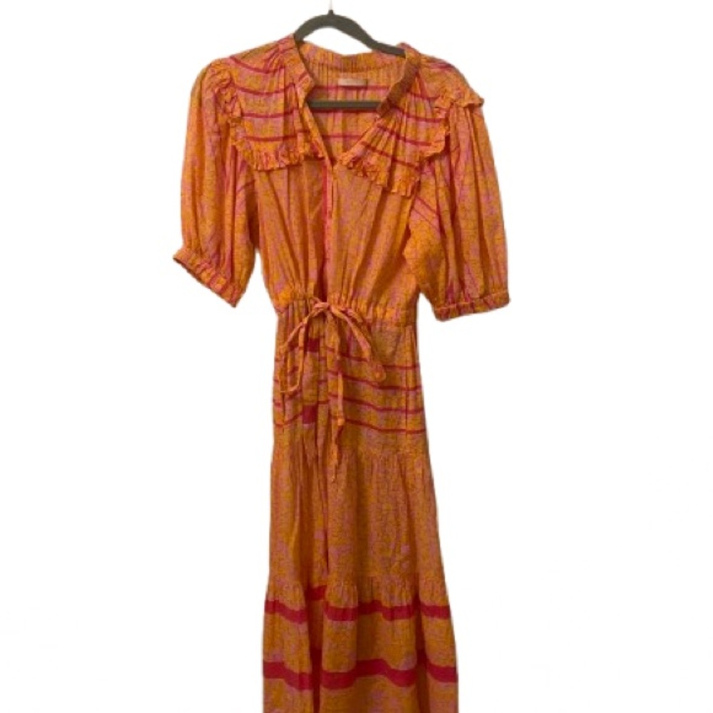 Tuckernuck Lola Australia Brand Orange and Pink Puff Sleeve V-Neck Sundress